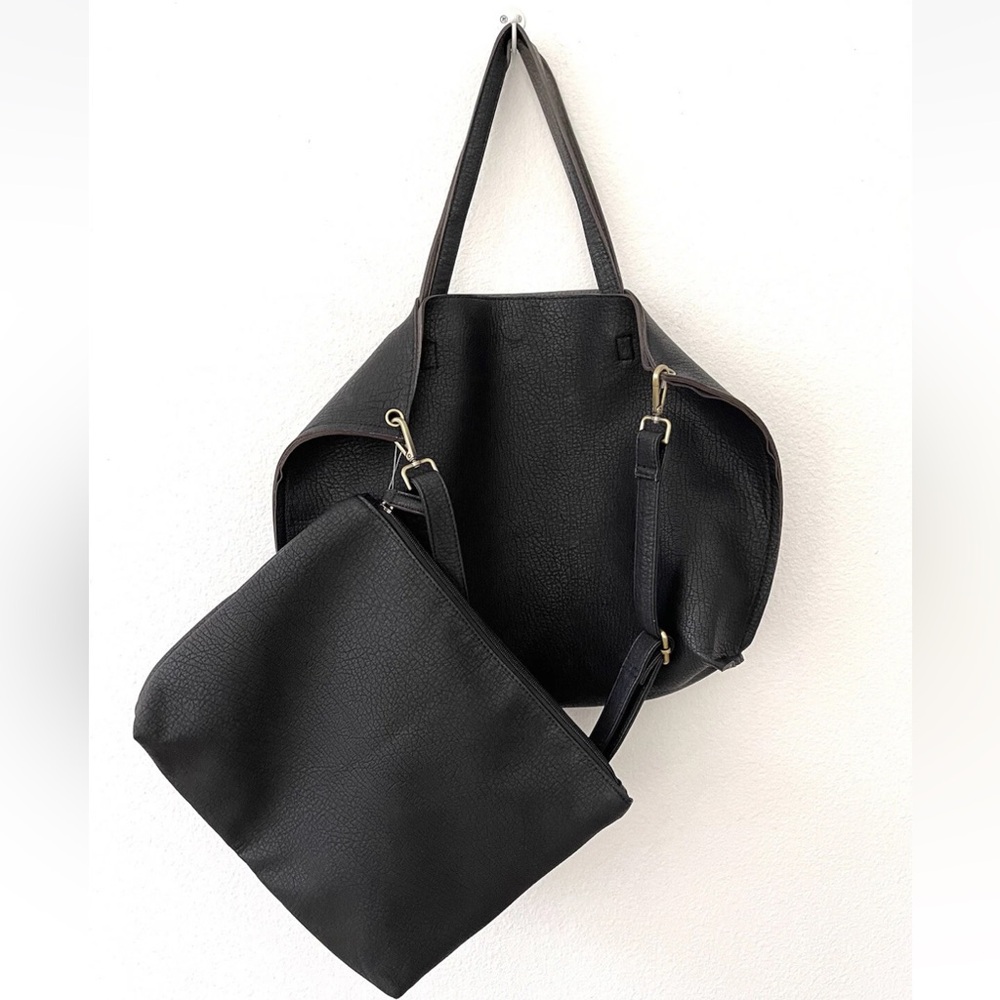 Beautiful Free People Black vegan Leather Tote Bag with inserts